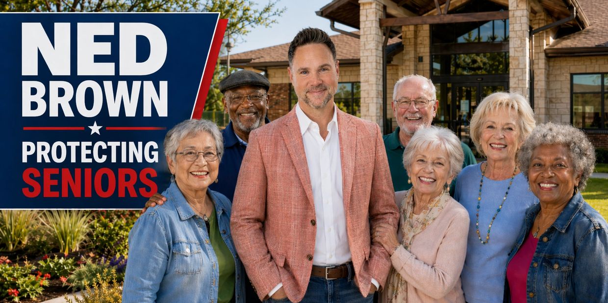 Ned Brown stands with smiling seniors promoting protection for the elderly.