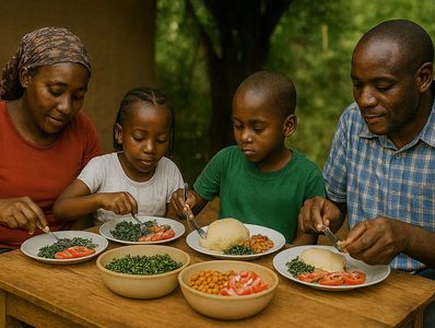 Family enjoying a meal together outdoors.