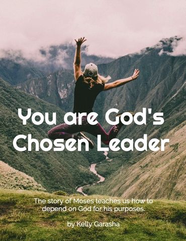 Person jumping joyfully with mountainous landscape and inspirational text about God's chosen leader.