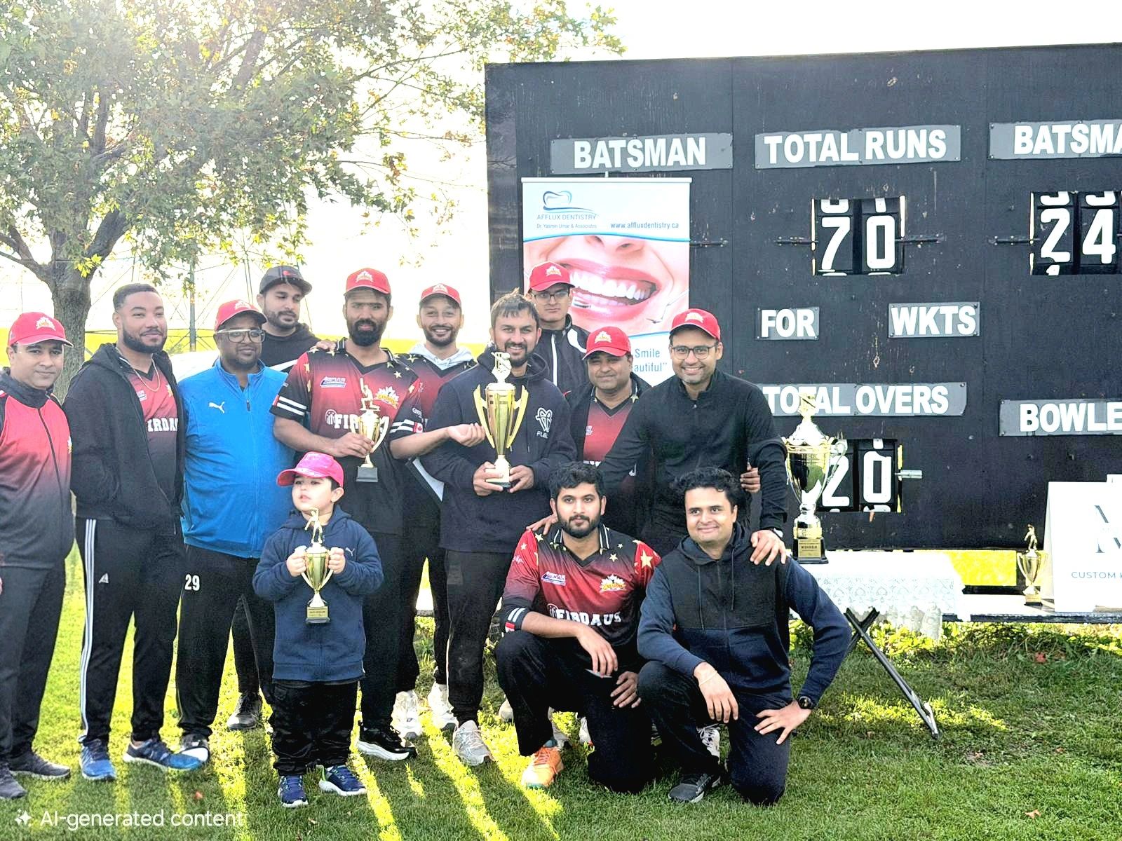 Cricket team posing with trophies after a match.