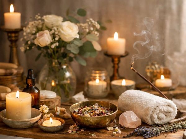 Cozy spa setup with candles, flowers, incense, and a relaxing bath with floating petals.