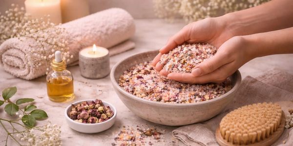 Hands holding bath salts with bath ritual essentials like candles and oil.