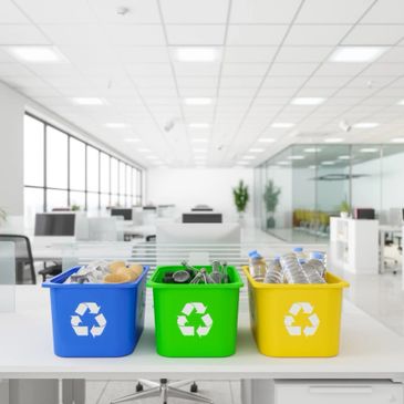 Three recycling bins in an office, sorted by material type.