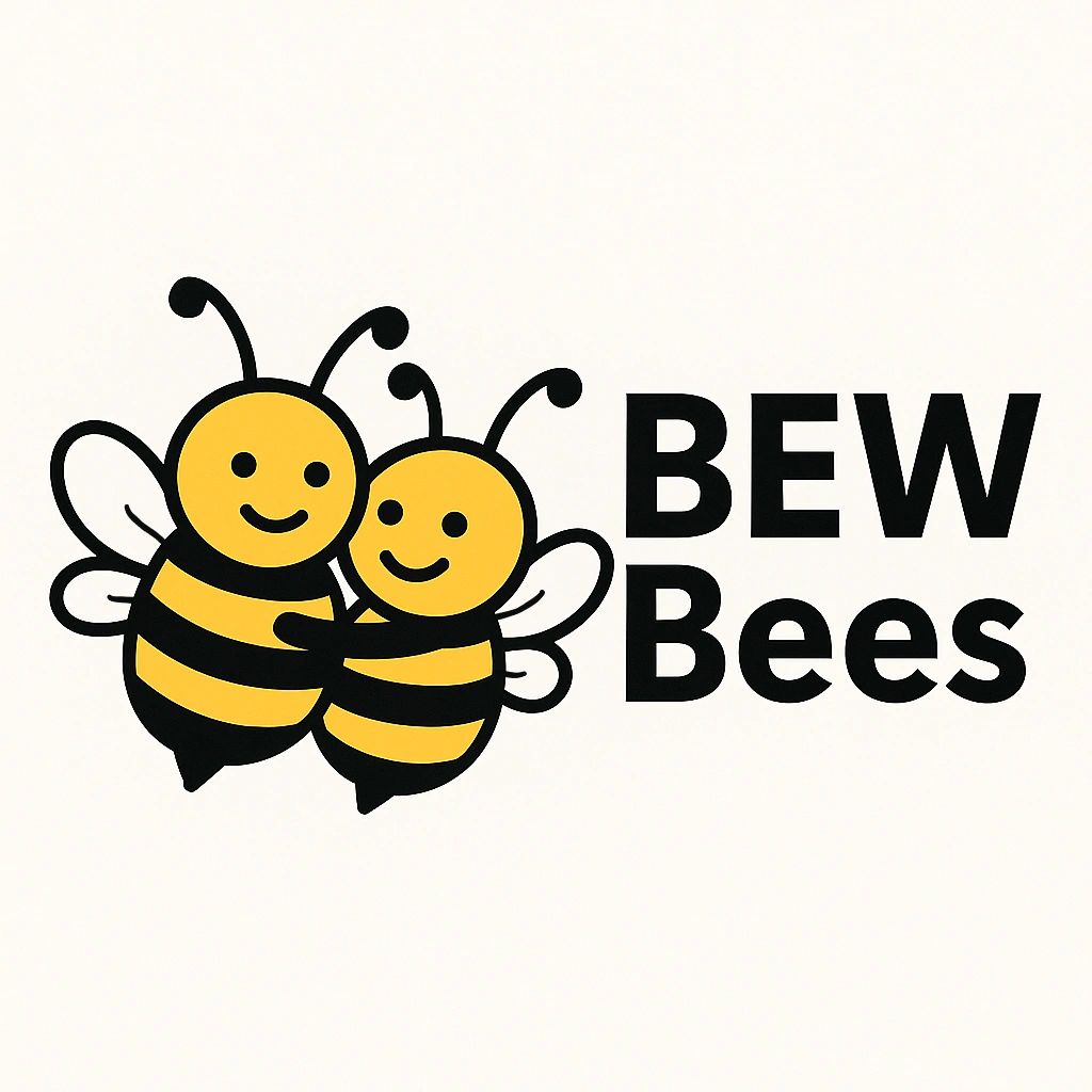 Two happy bees hugging with the text BEW Bees.