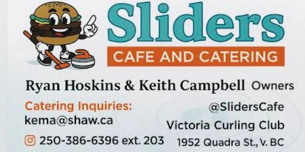Business card for Sliders Cafe and Catering with contact details and location.