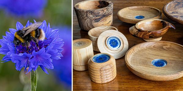 Cornflower & turned wooden pieces