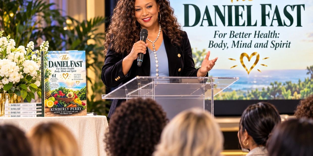 Woman presenting The Daniel Fast book at a health event.