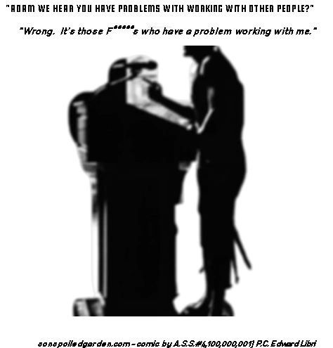 Comic silhouette of a person at a podium with a bold, confrontational quote.