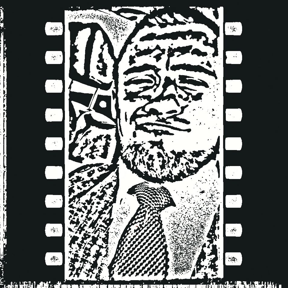 Black and white stylized film strip portrait of a man in a suit and tie.
