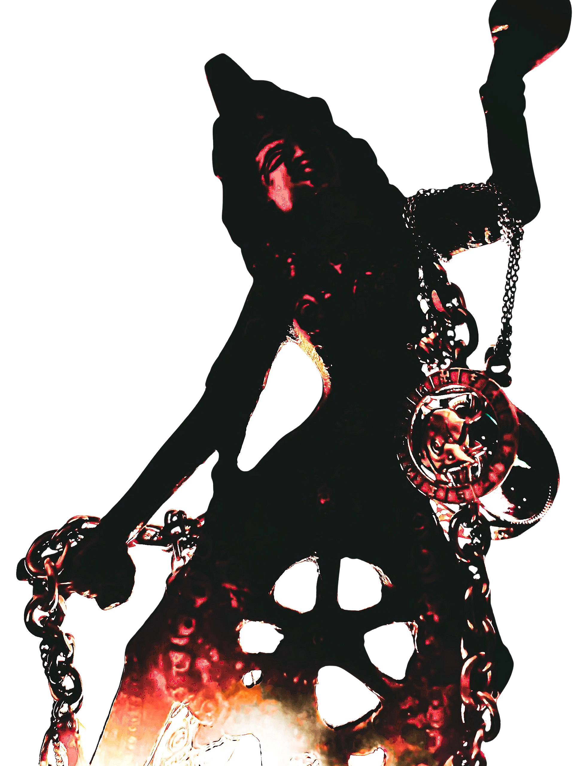 Dark, fiery statue holding chains and a spiked object, glowing with intense red highlights.