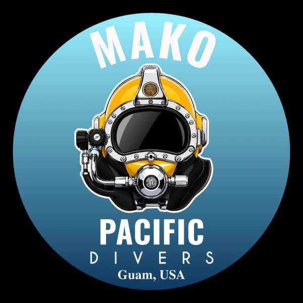 Logo of Mako Pacific Divers with a yellow diving helmet.