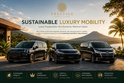 Luxury electric vehicles promoting sustainable mobility in Costa Rica's natural beauty.