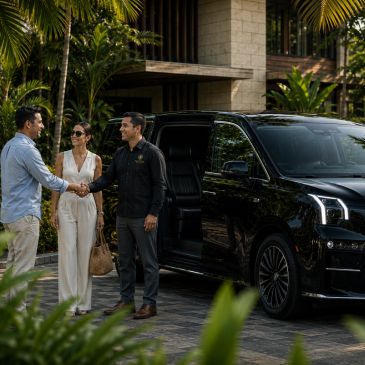 Two men shaking hands beside a black luxury SUV with a woman smiling nearby.
