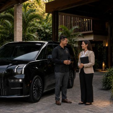 A man and woman talking beside a luxury black SUV outside a modern house.