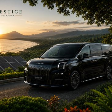 Luxury black SUV parked with a scenic sunset and mountain view in Costa Rica.