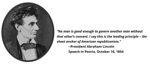 Black and white image of Abraham Lincoln with a quote about governance and consent.