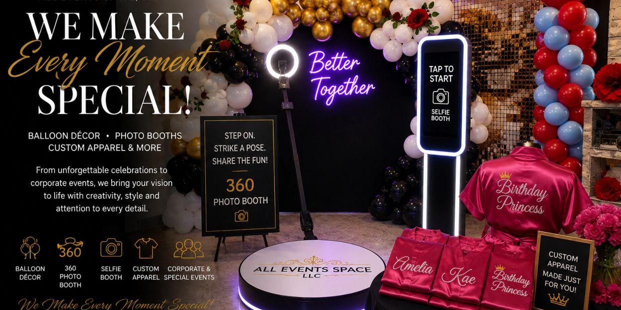 Photo booth setup with balloons, custom apparel, and signs promoting events.