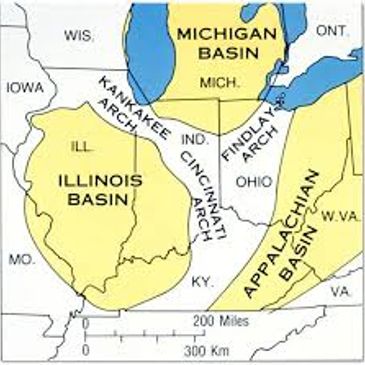 Map showing Illinois, Michigan, and Appalachian Basins with geological arches.