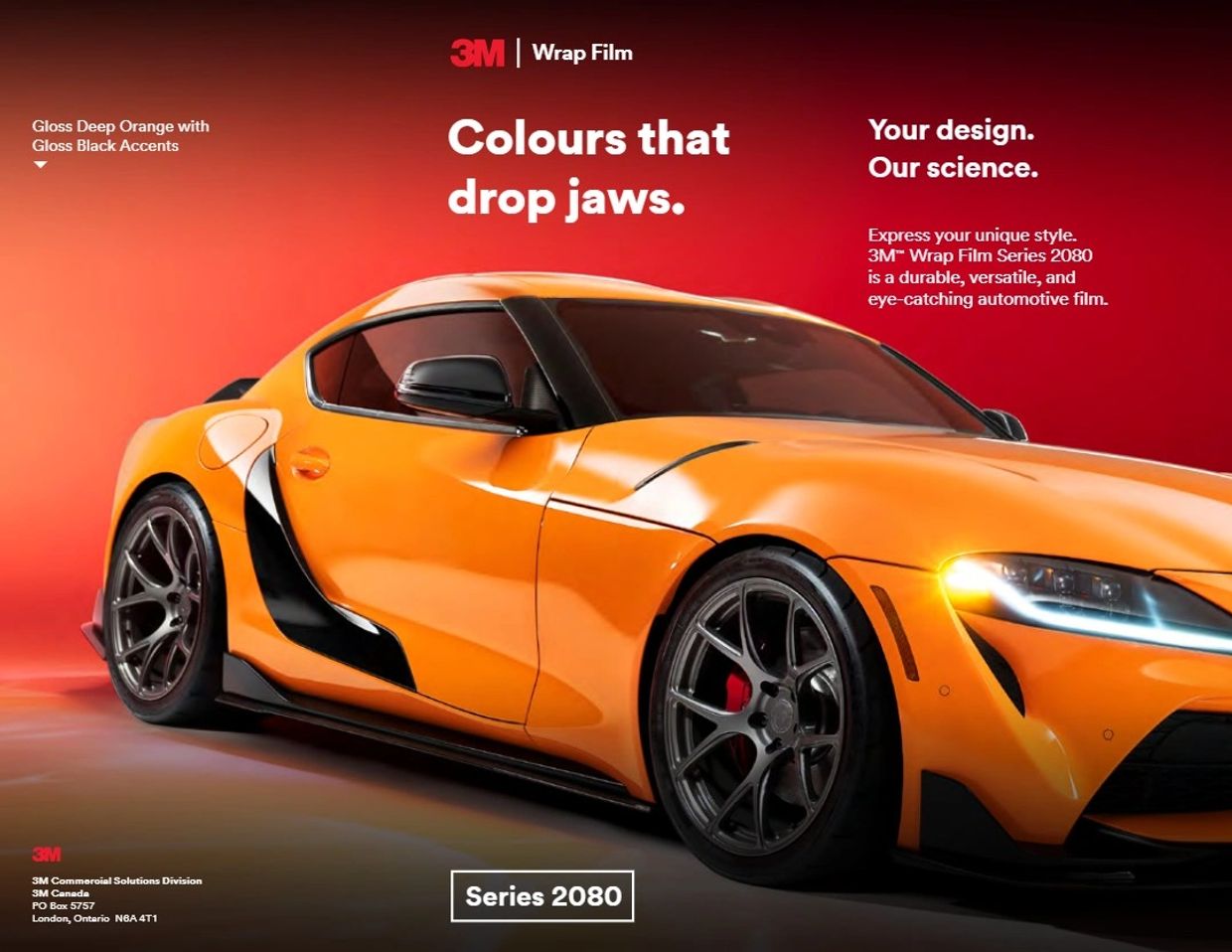 Gloss deep orange car wrap with black accents by 3M Wrap Film Series 2080.