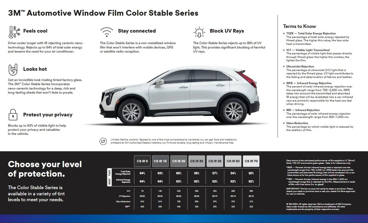 3M Automotive Window Film Color Stable Series offers UV blocking, IR rejection, privacy, and no interference with devices.