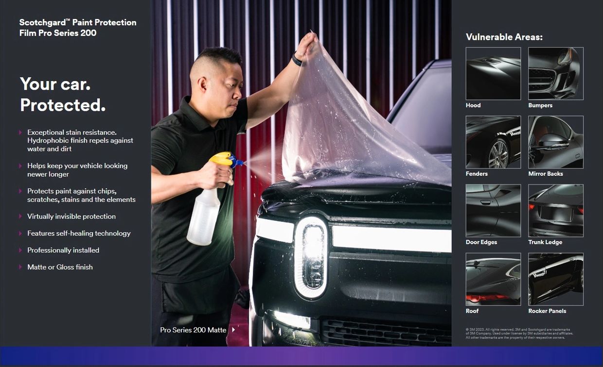 Man applying Scotchgard paint protection film to a black car's hood.