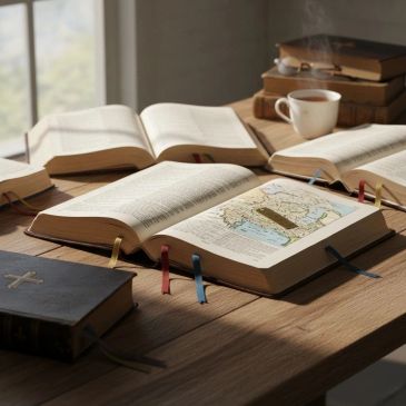 Open books with bookmarks on a wooden table near a window.