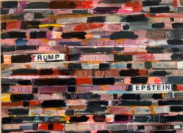 Abstract brick wall with mixed words including "TRUMP" and "EPSTEIN".