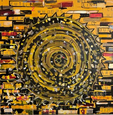 Abstract circular saw blade with text and yellow tones.