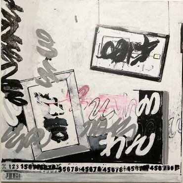 Abstract painting with black, gray, and pink brushstrokes on white.