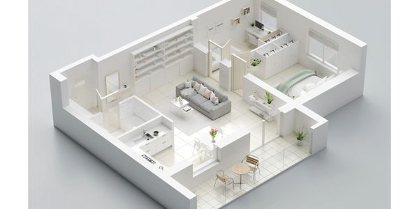 Modern one-bedroom apartment with open living area and balcony.