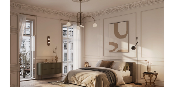 Modern Bedroom interior with soft lightening, elegant furniture, and minimalist custom designed