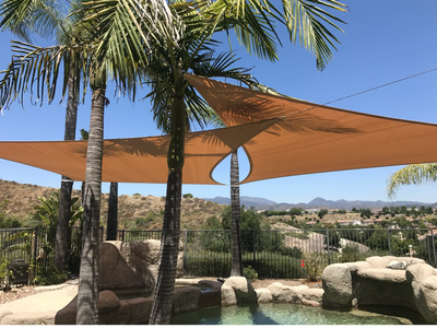 Sail shades attached to palm trees shading a pool area
