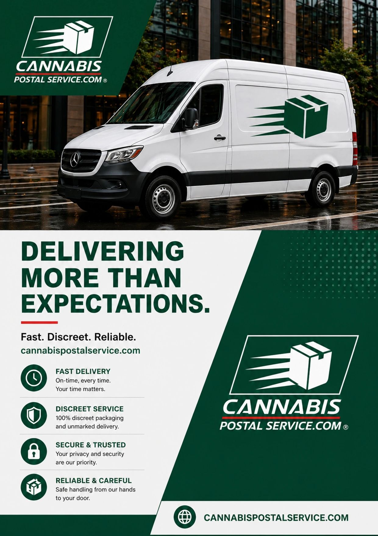 White delivery van with Cannabis Postal Service branding promoting discreet and reliable cannabis delivery.