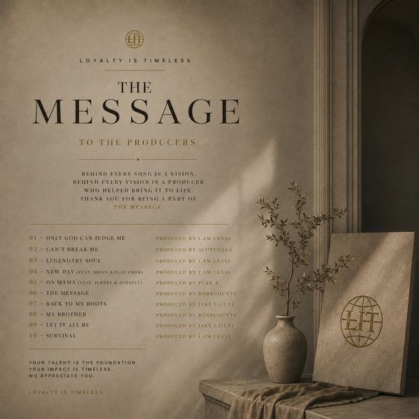 Album message and producer credits with artistic vase and book.