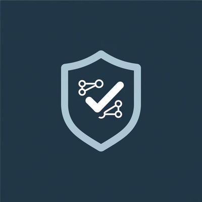 Shield icon with checkmark and network nodes symbolizing security.