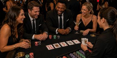 Group playing poker at a casino table.