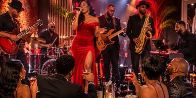 A woman in a red dress singing with a live band.