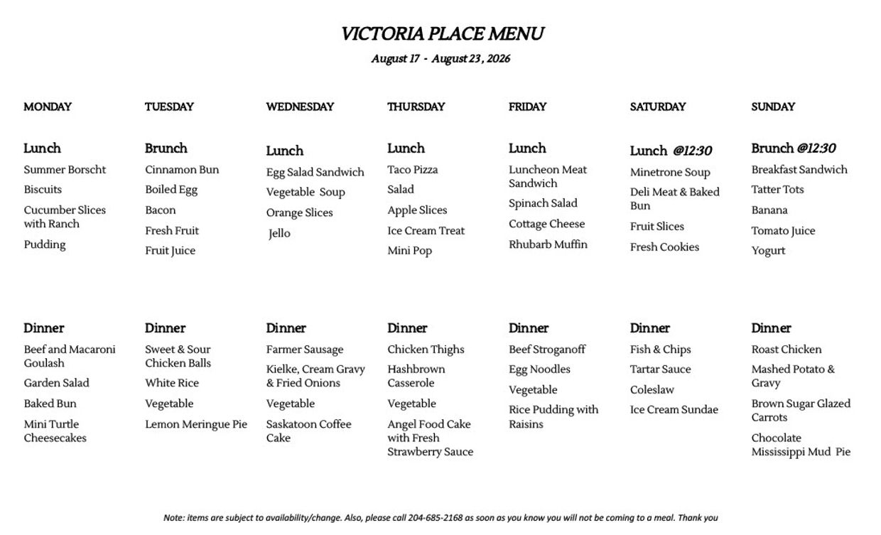 Weekly meal menu for Victoria Place from August 17 to 23, 2026.