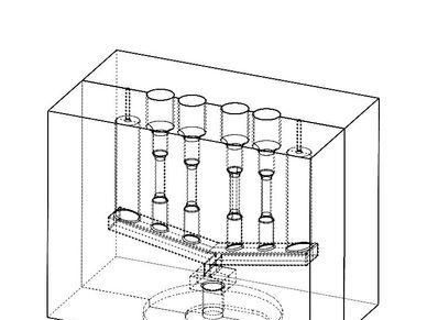 Transparent 3D schematic of a mechanical system with cylindrical components and a central pivot.