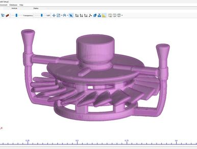 3D model of a fan setup with transparent purple rendering in simulation software.