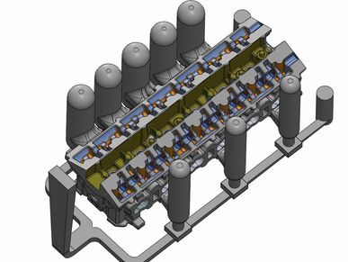 3D CAD model of a multi-cylinder engine block with internal components.