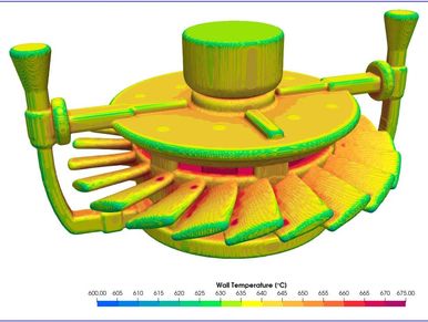 3D thermal simulation of a mechanical component showing wall temperature distribution.