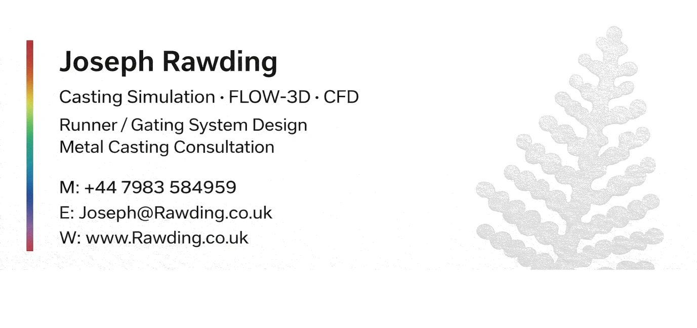 Business card for Joseph Rawding, expert in casting simulation and metal casting consultation.