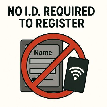 No ID needed to register, as shown by a crossed-out ID and phone.