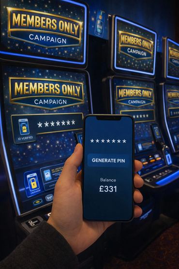 Hand holding phone displaying PIN generation and balance in front of casino slot machines.
