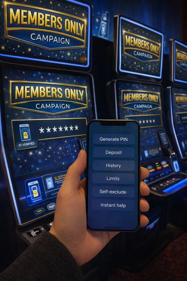 A hand holding a phone with gambling options in front of slot machines.