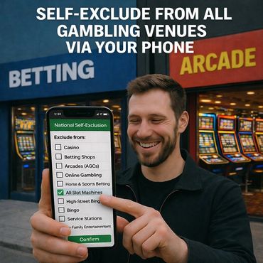 Man happily self-excludes from gambling venues using his phone app.