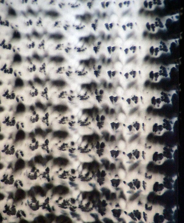 A detail shot of a silk scarf with a navy blue and white pattern