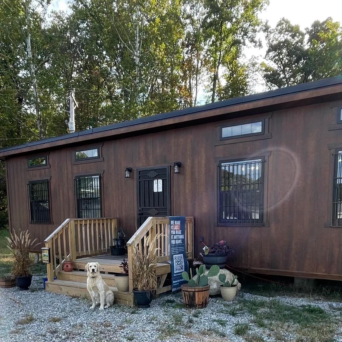 A dog sits in front of a rustic wooden cabin surrounded by potted plants.