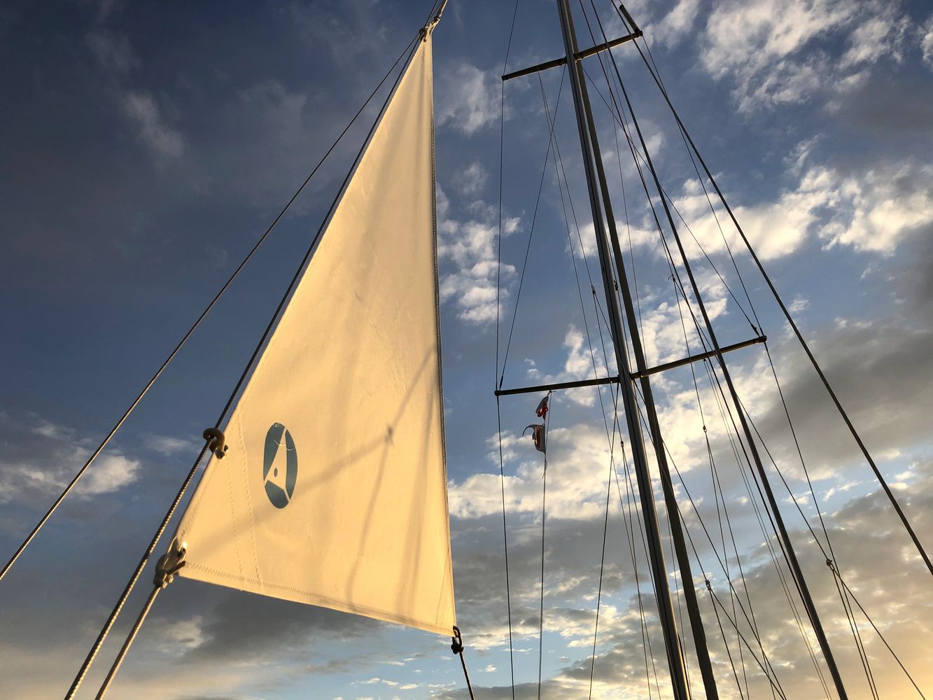 An anchor riding sail hoisted at aft of a boat